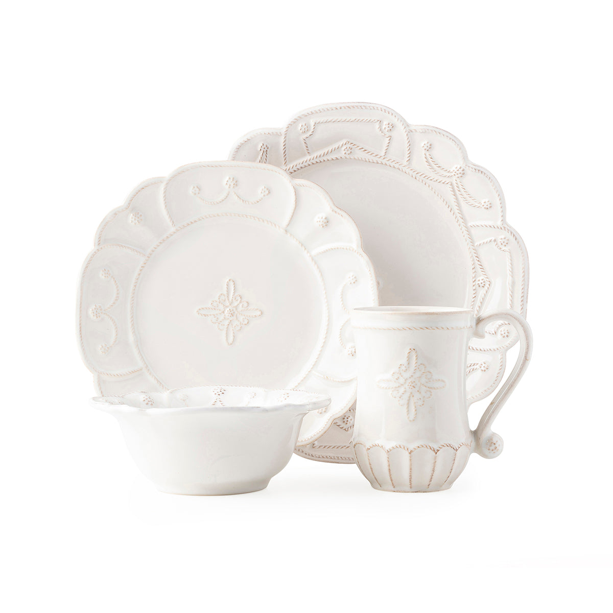 Juliska Jardins du Monde Whitewash 4pc Place Setting (JMX01/10, JMV02X/10, JMX07/10, JMX06X/10)