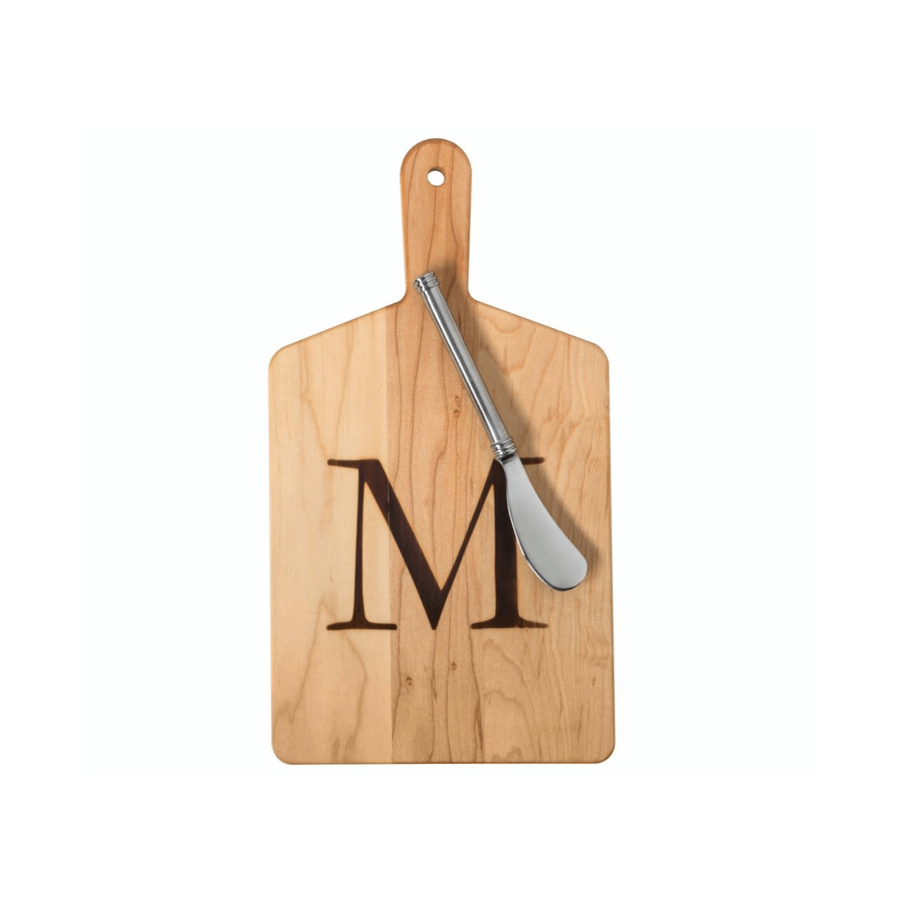 Maple Cheese Board with a Stamped R and Metal Spreader