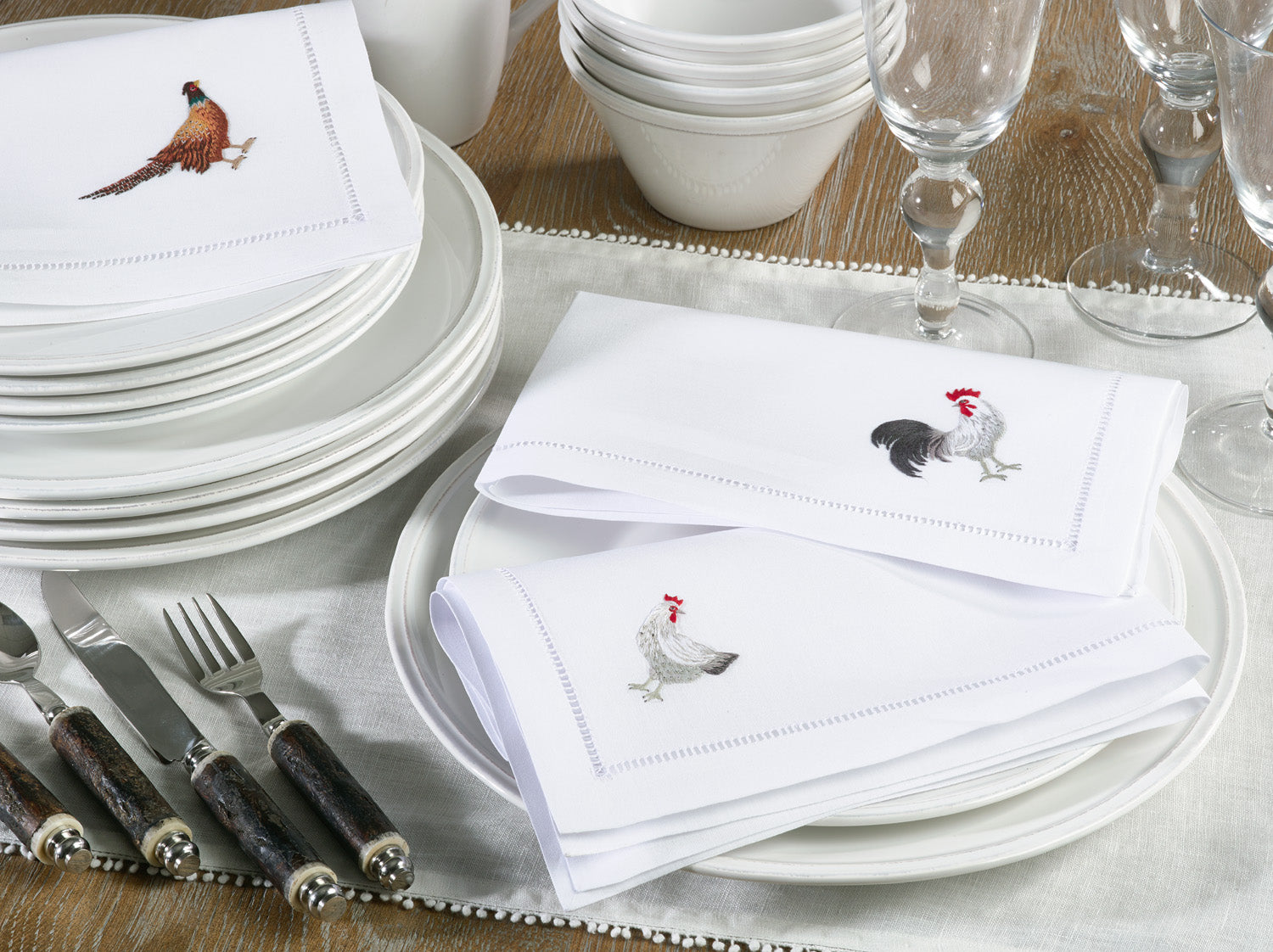 Pheasant Embroidered Hemstitch Napkins set/4