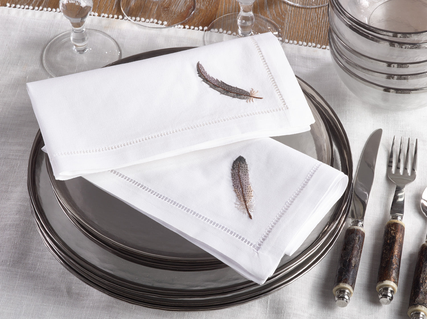 Grey Feather Embroidered Hemstitch Napkins set/6