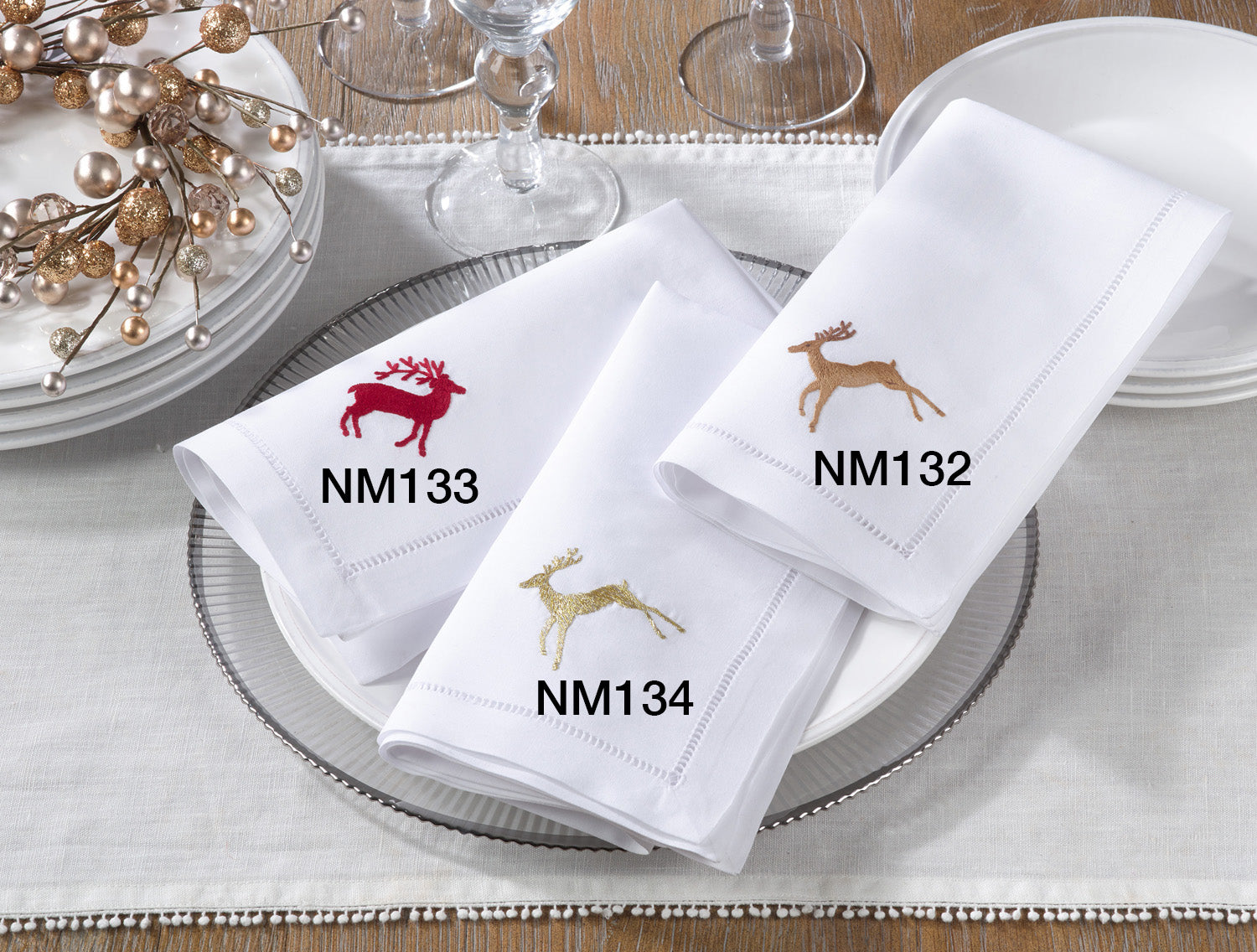 Red Reindeer Embroidered Hemstitch Napkins set/4
