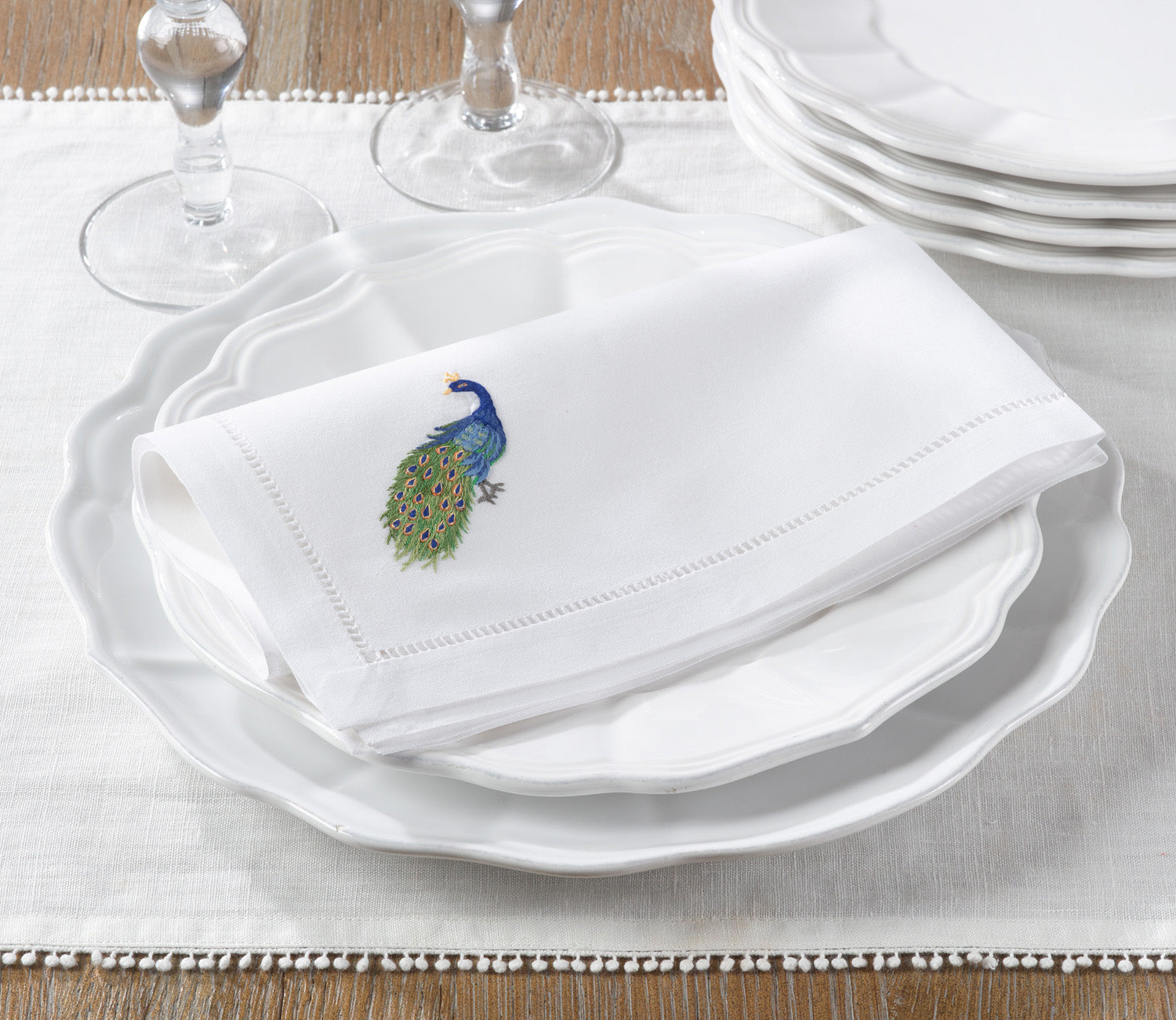 Peacock Embroidered Hemstitch Napkins set/4