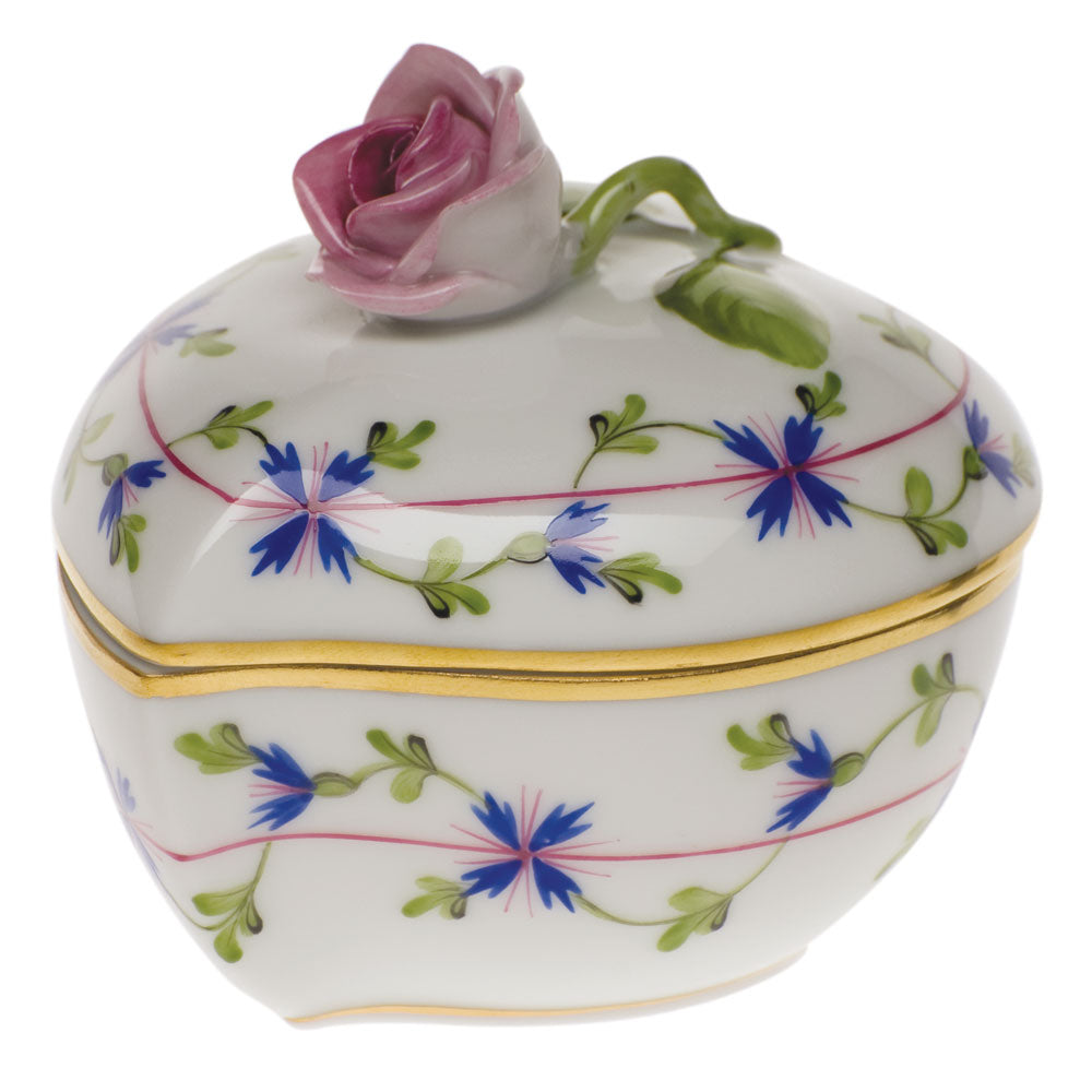 Herend Blue Garland Heart Bonbon W/rose 3"l X 2"h