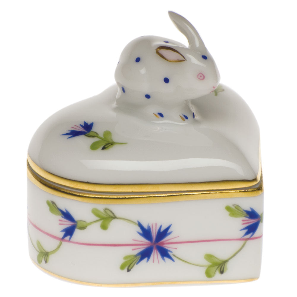 Herend Blue Garland Heart Box W/bunny 2"h