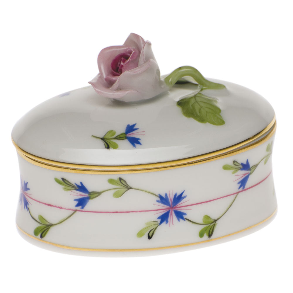 Herend Blue Garland Oval Box - Rose 2.75"l X 2"h