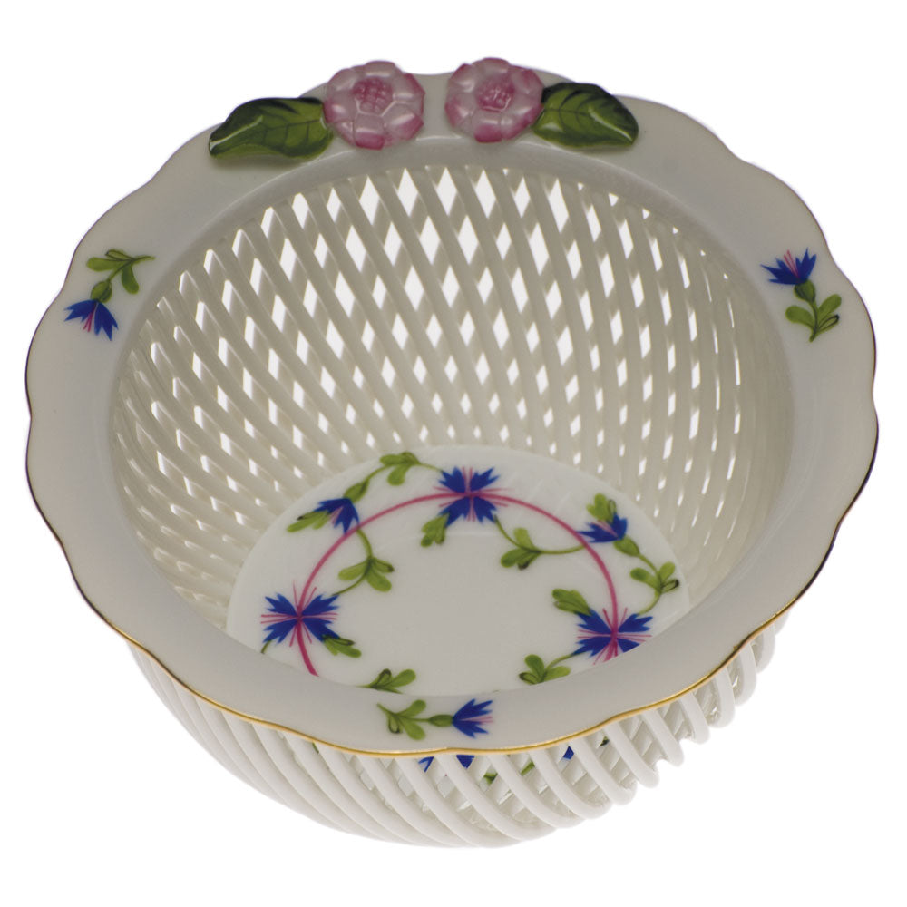 Herend Blue Garland Openwork Basket W/flowers 4"d