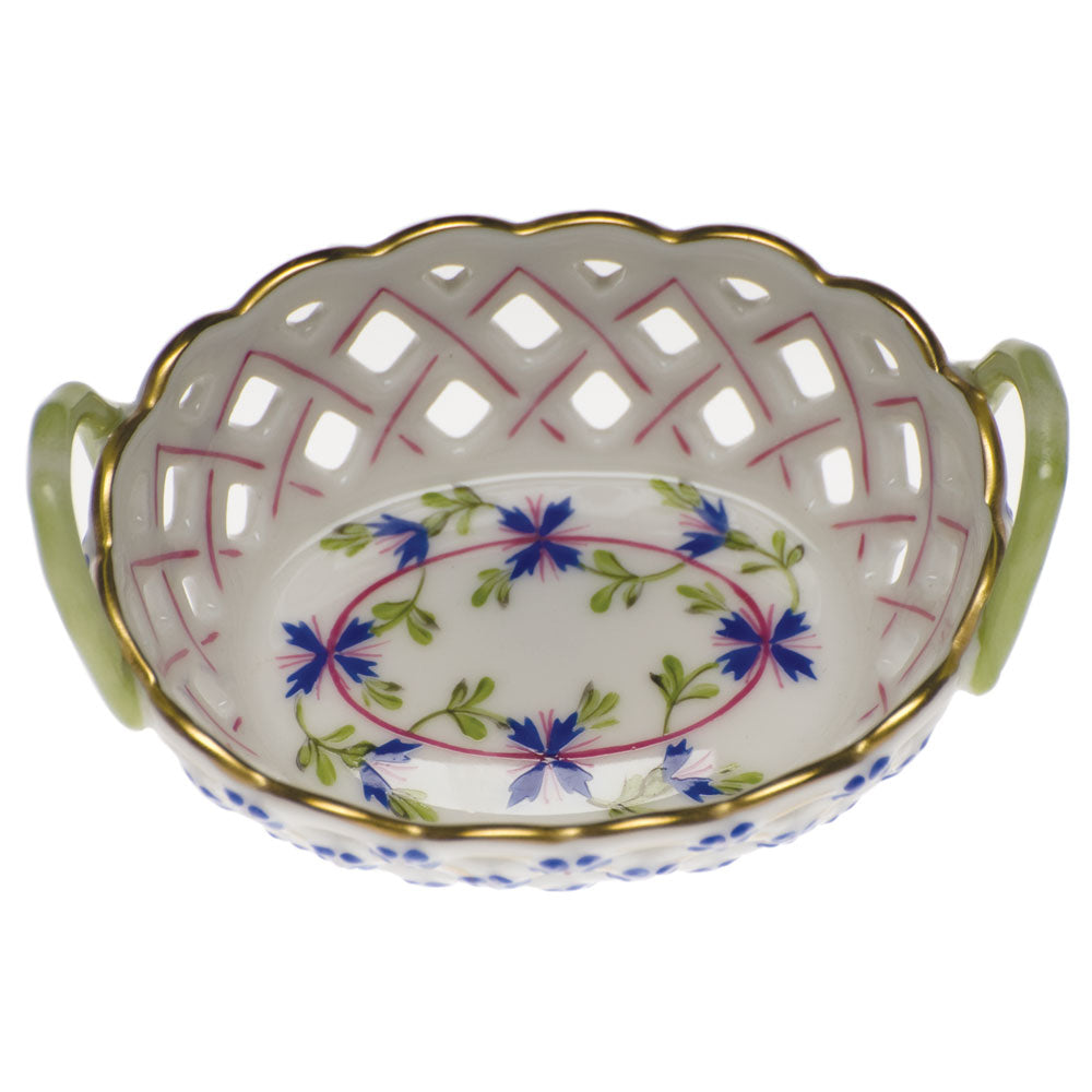 Herend Blue Garland Sm Openwork Basket W/handles 3.5"l X 2.5"w