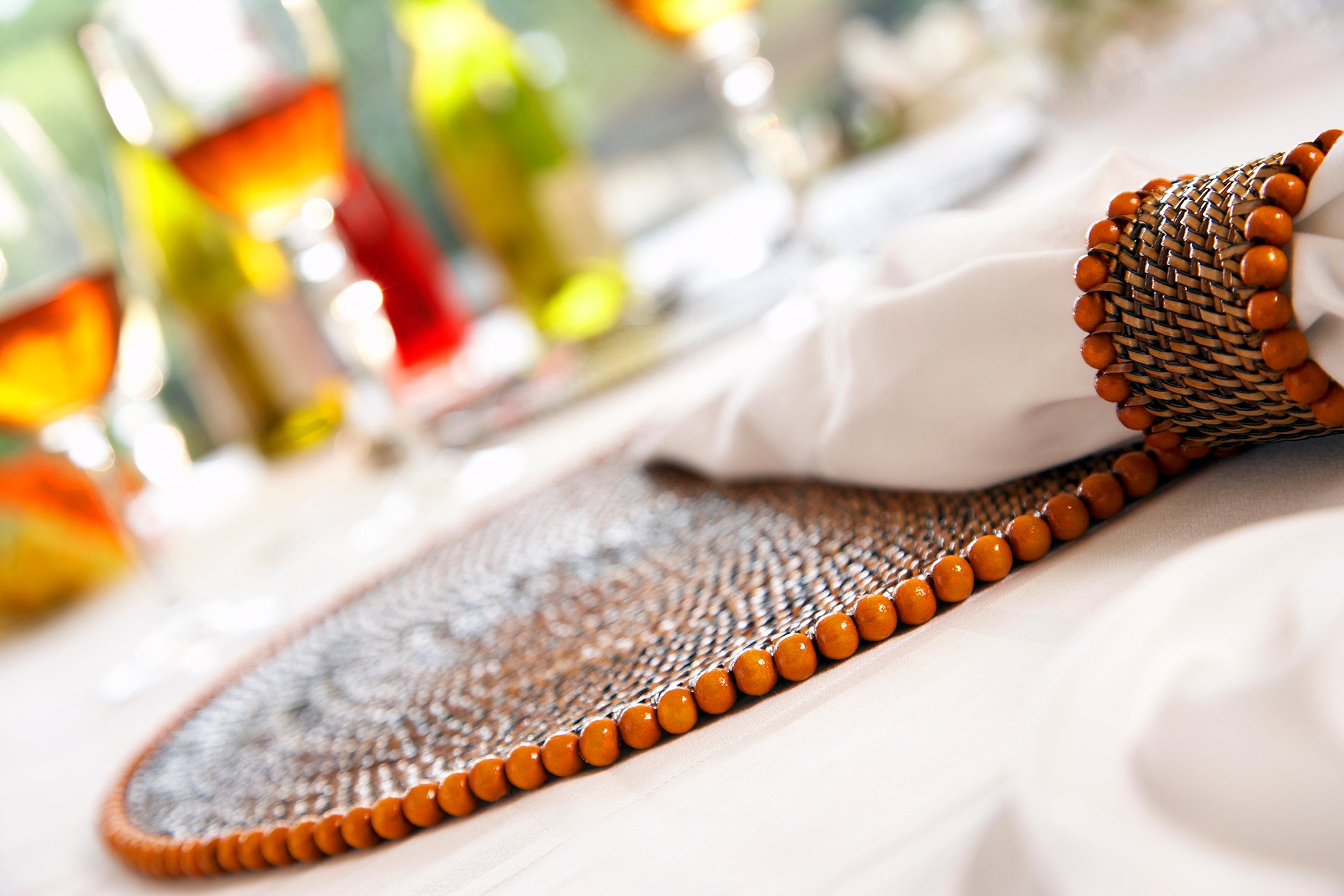 Round Placemat with Beads, Orange, Set of 4 pcs