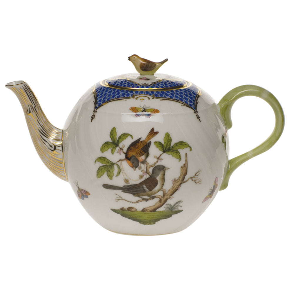 Herend Rothschild Bird Blue Border Tea Pot W/bird (36 Oz) 5.5"h - Blue Border