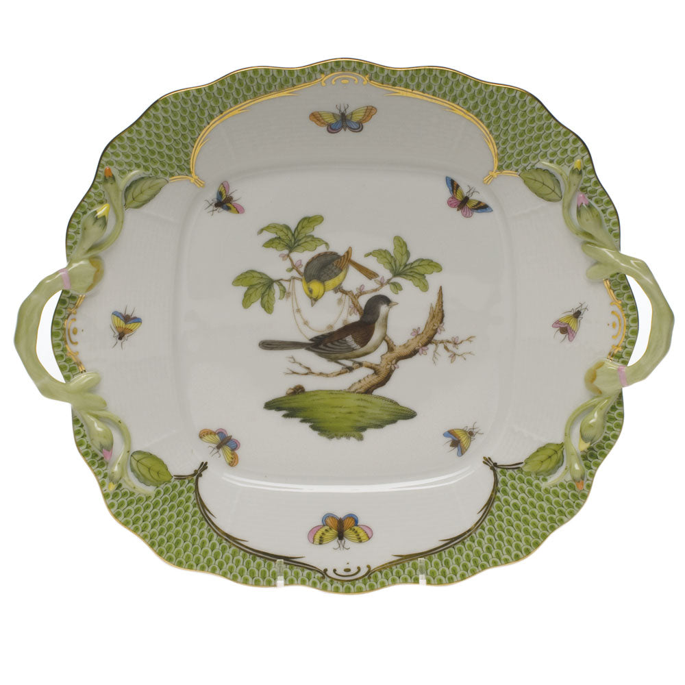Herend Rothschild Bird Green Bord Square Cake Plate W/handles 9.5"sq - Green Border