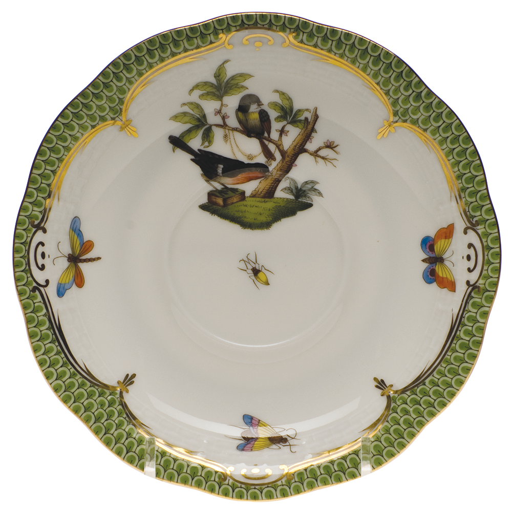 Rothschild Bird Green Bord Tea Saucer - Motif 02 6"d - Green Border