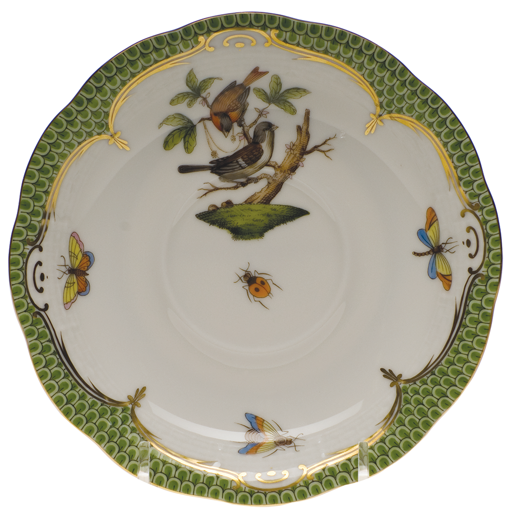 Rothschild Bird Green Bord Tea Saucer - Motif 04 6"d - Green Border