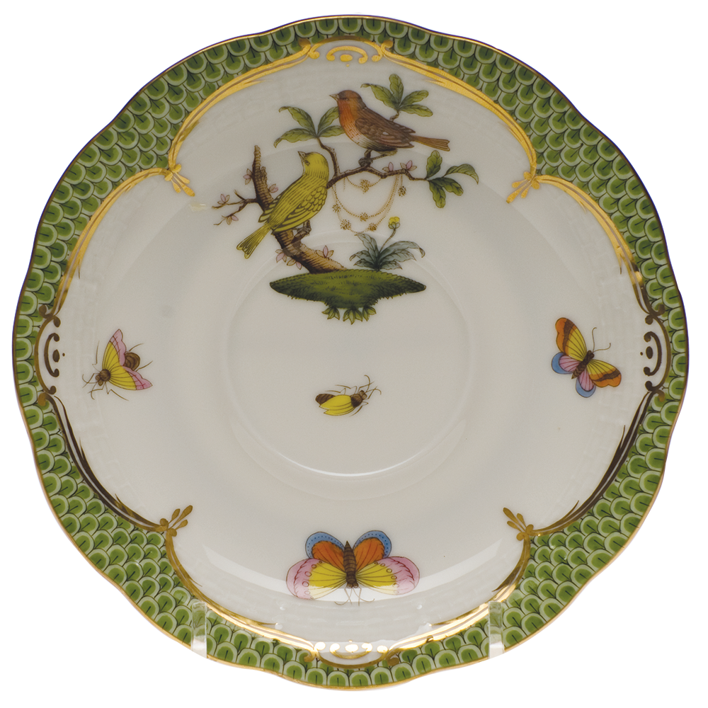 Rothschild Bird Green Bord Tea Saucer - Motif 06 6"d - Green Border