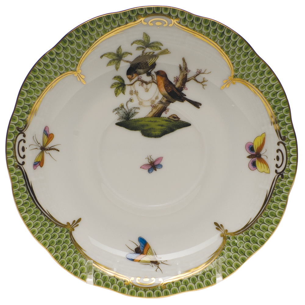 Rothschild Bird Green Bord Tea Saucer - Motif 10 6"d - Green Border
