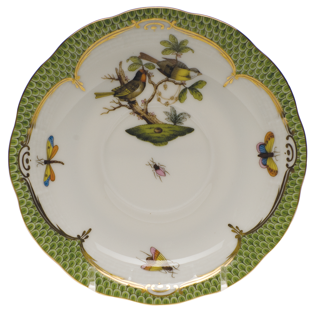 Rothschild Bird Green Bord Tea Saucer - Motif 11 6"d - Green Border