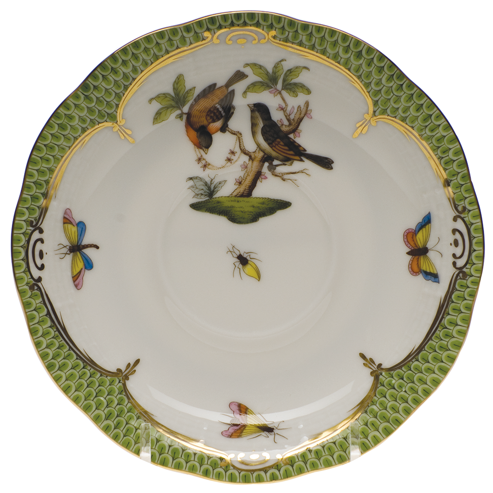 Rothschild Bird Green Bord Tea Saucer - Motif 12 6"d - Green Border