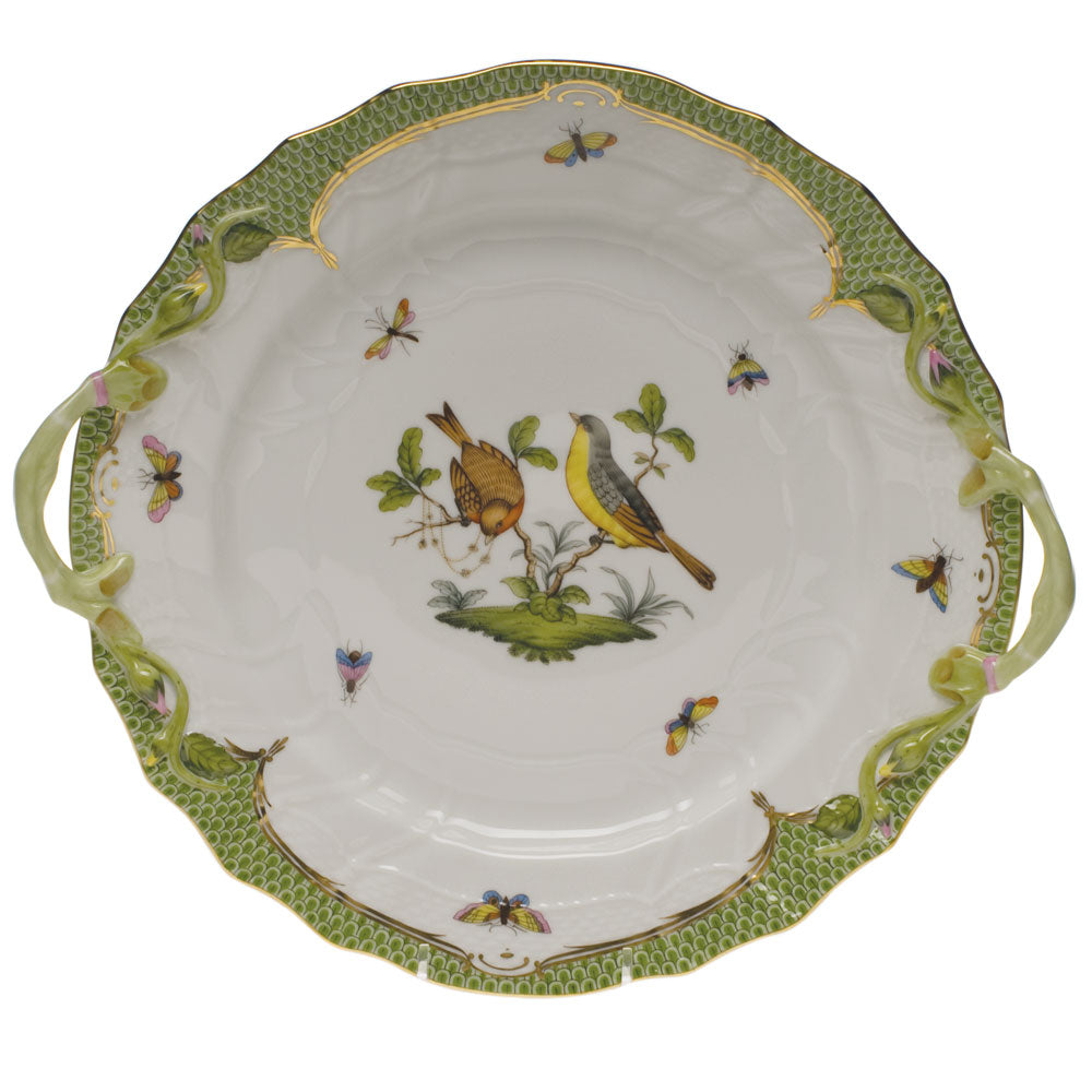 Herend Rothschild Bird Green Bord Chop Plate W/handles 12"d - Green Border