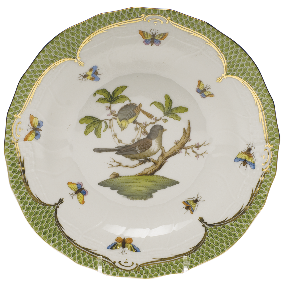 Rothschild Bird Green Bord Dessert Plate - Motif 01 8.25"d - Green Border