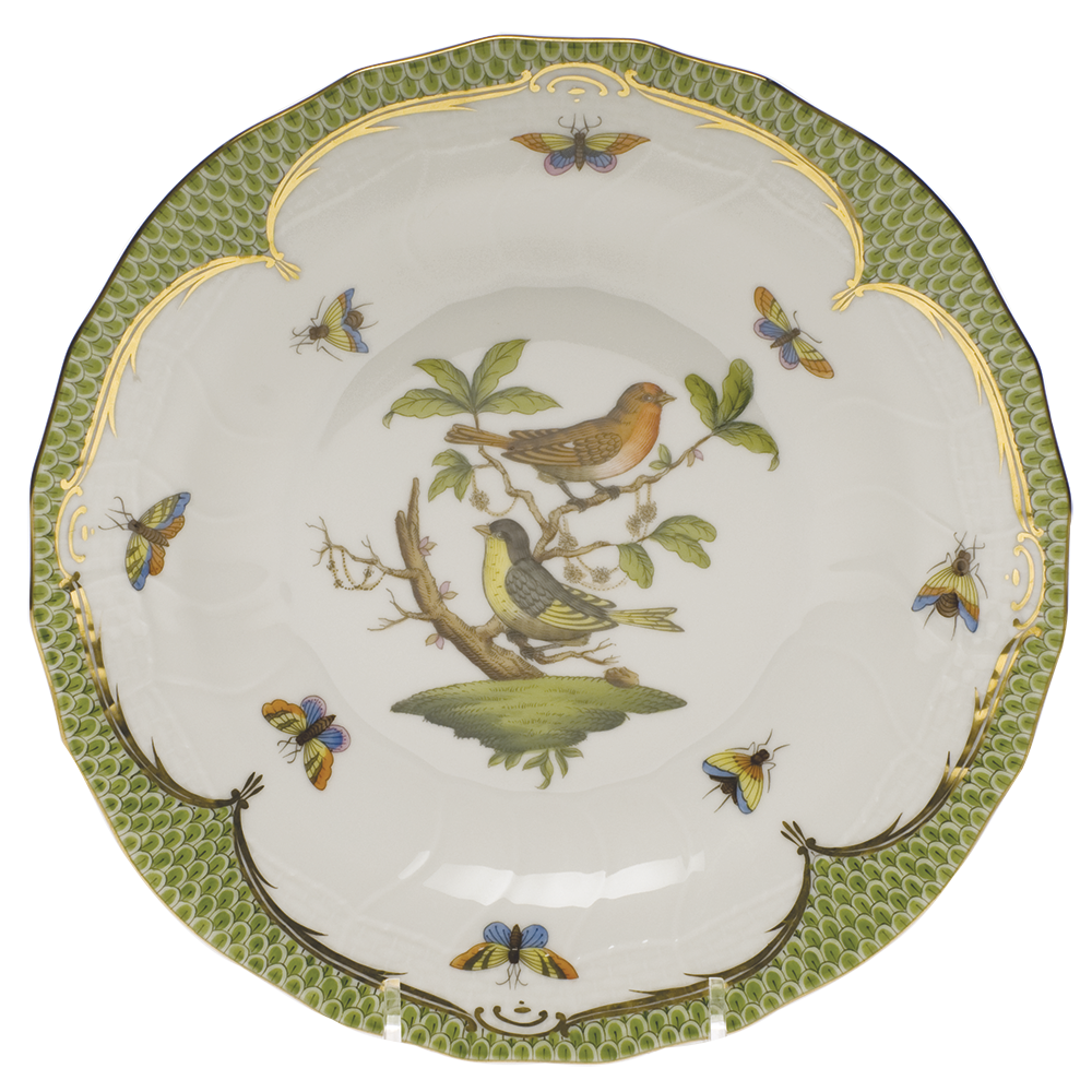 Rothschild Bird Green Bord Dessert Plate - Motif 03 8.25"d - Green Border