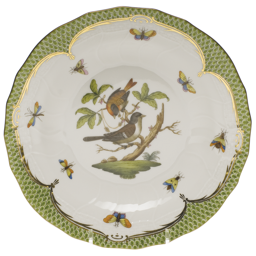 Rothschild Bird Green Bord Dessert Plate - Motif 04 8.25"d - Green Border