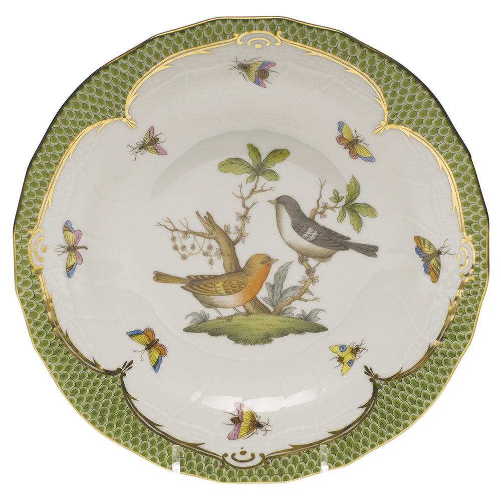 Rothschild Bird Green Bord Dessert Plate - Motif 05 8.25"d - Green Border