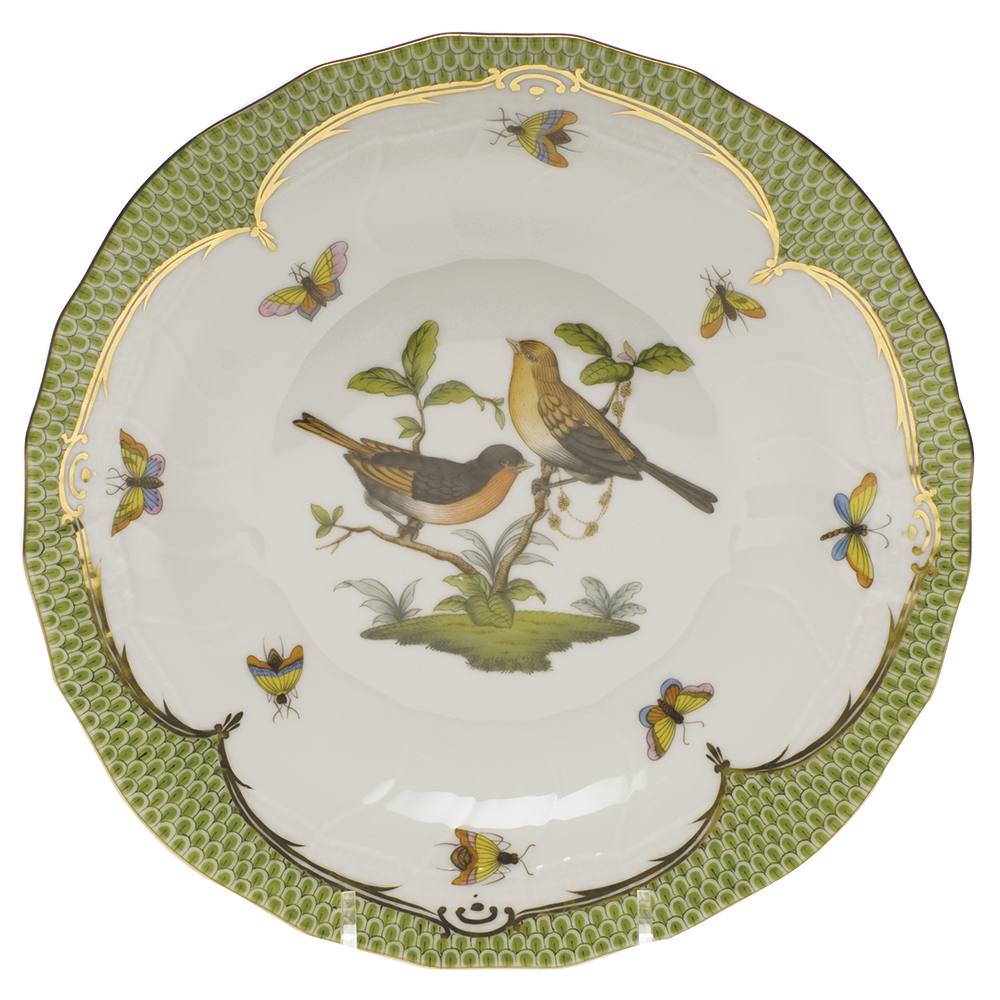 Rothschild Bird Green Bord Dessert Plate - Motif 09 8.25"d - Green Border