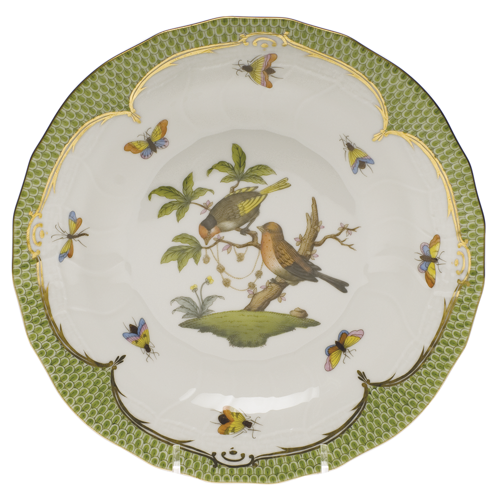 Rothschild Bird Green Bord Dessert Plate - Motif 10 8.25"d - Green Border