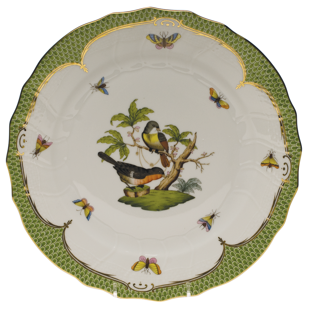 Rothschild Bird Green Bord Dinner Plate - Motif 02 10.5"d - Green Border