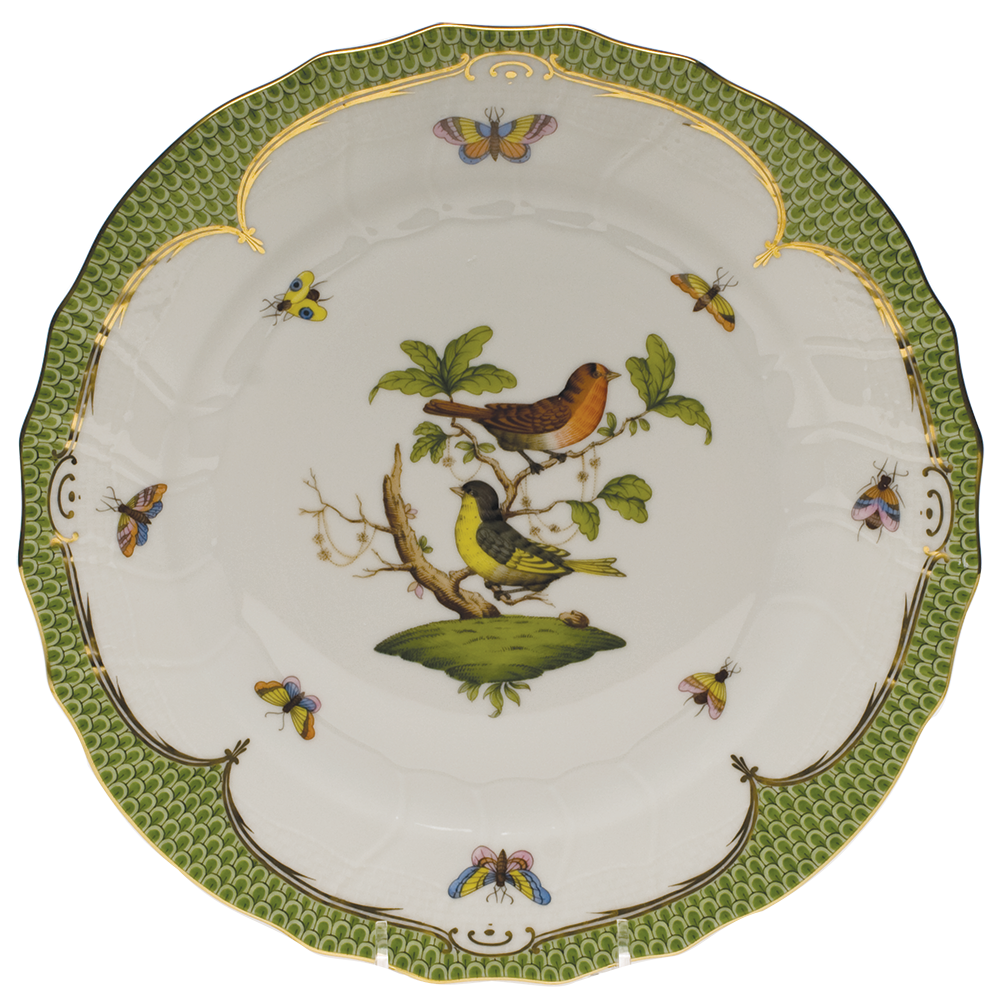 Rothschild Bird Green Bord Dinner Plate - Motif 03 10.5"d - Green Border