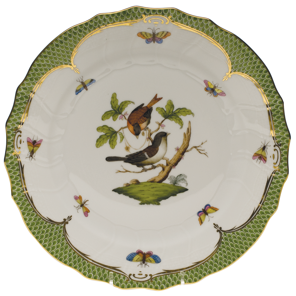 Rothschild Bird Green Bord Dinner Plate - Motif 04 10.5"d - Green Border