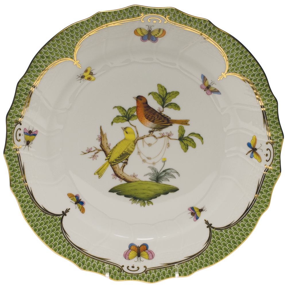 Rothschild Bird Green Bord Dinner Plate - Motif 06 10.5"d - Green Border