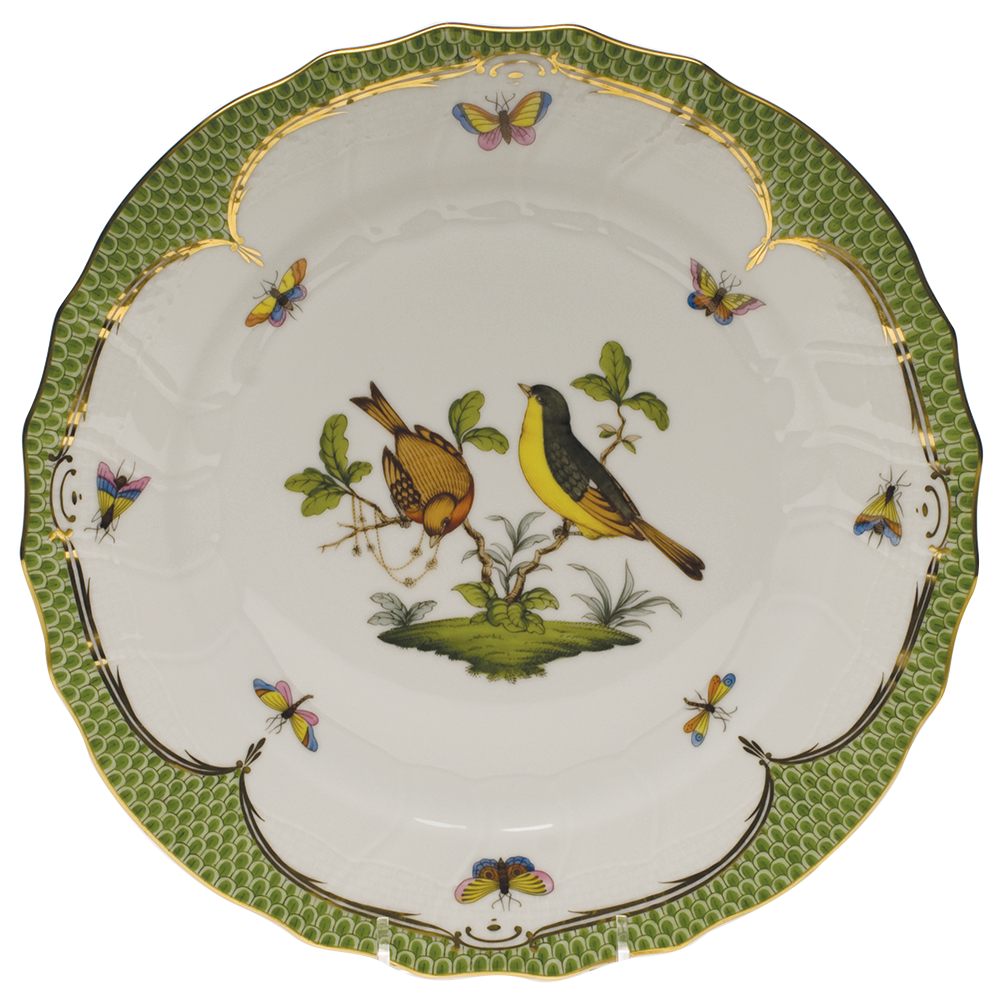 Rothschild Bird Green Bord Dinner Plate - Motif 07 10.5"d - Green Border