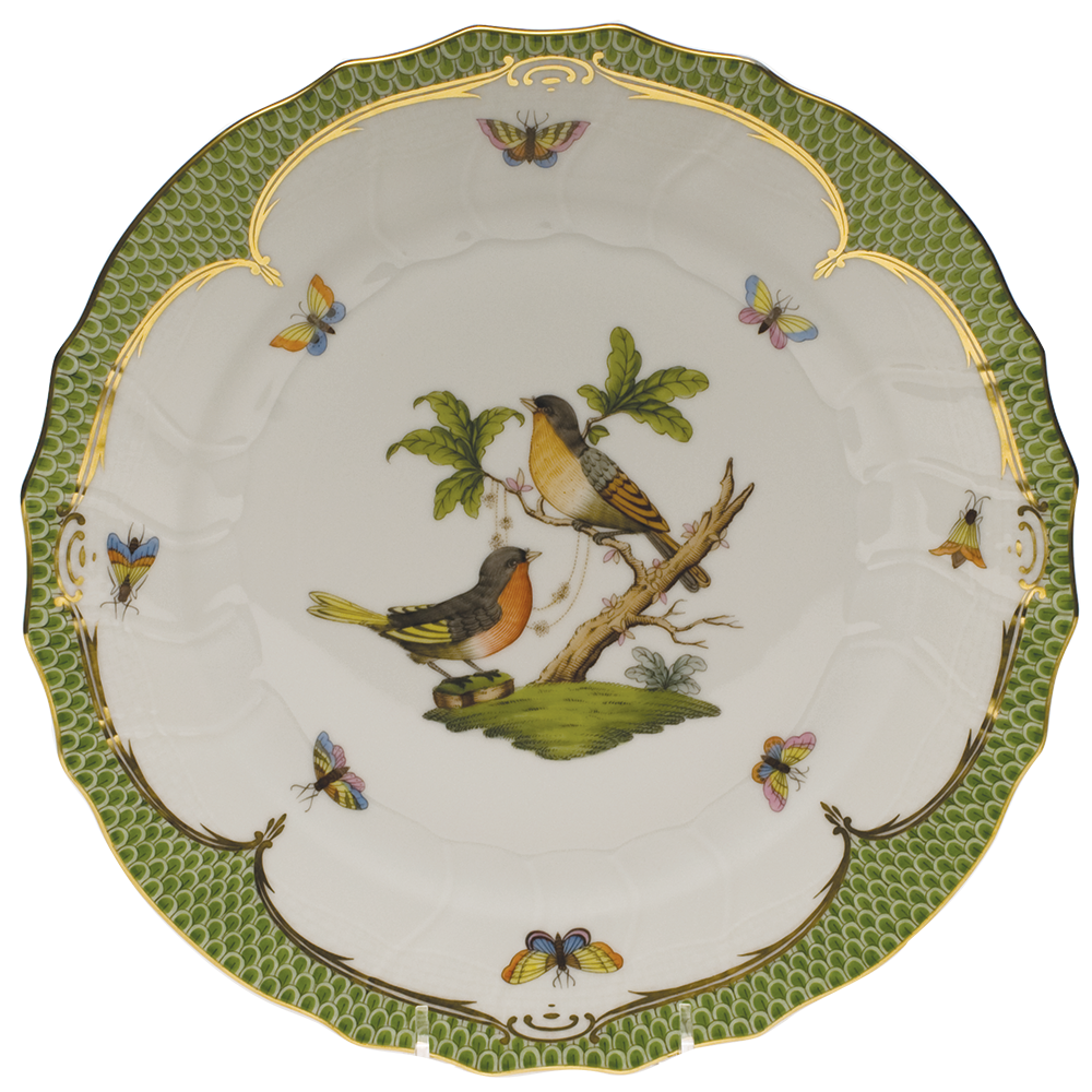 Rothschild Bird Green Bord Dinner Plate - Motif 08 10.5"d - Green Border