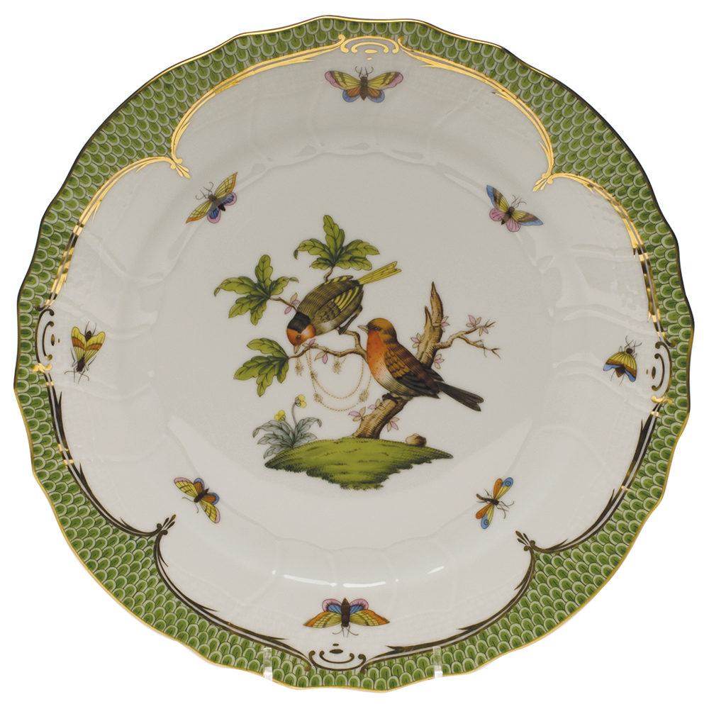 Rothschild Bird Green Bord Dinner Plate - Motif 10 10.5"d - Green Border