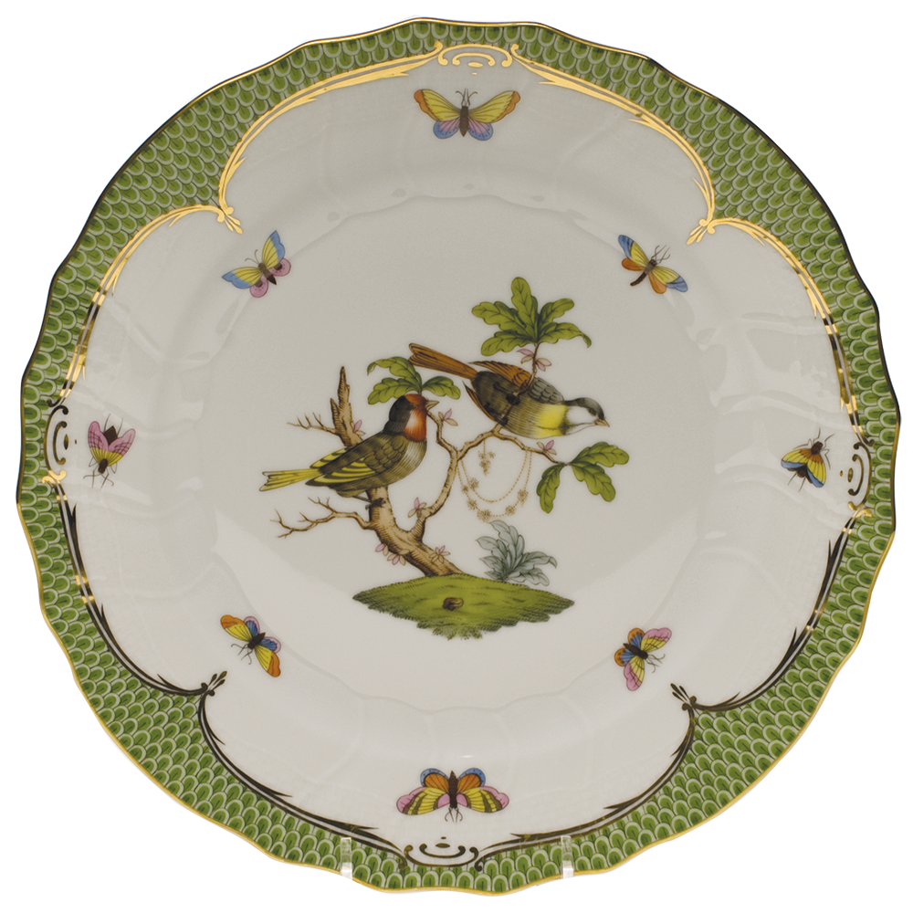 Rothschild Bird Green Bord Dinner Plate - Motif 11 10.5"d - Green Border