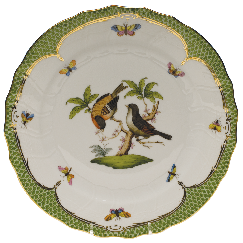 Rothschild Bird Green Bord Dinner Plate - Motif 12 10.5"d - Green Border