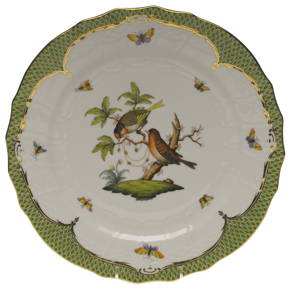 Rothschild Bird Green Bord Service Plate - Motif 10 11"d - Green Border