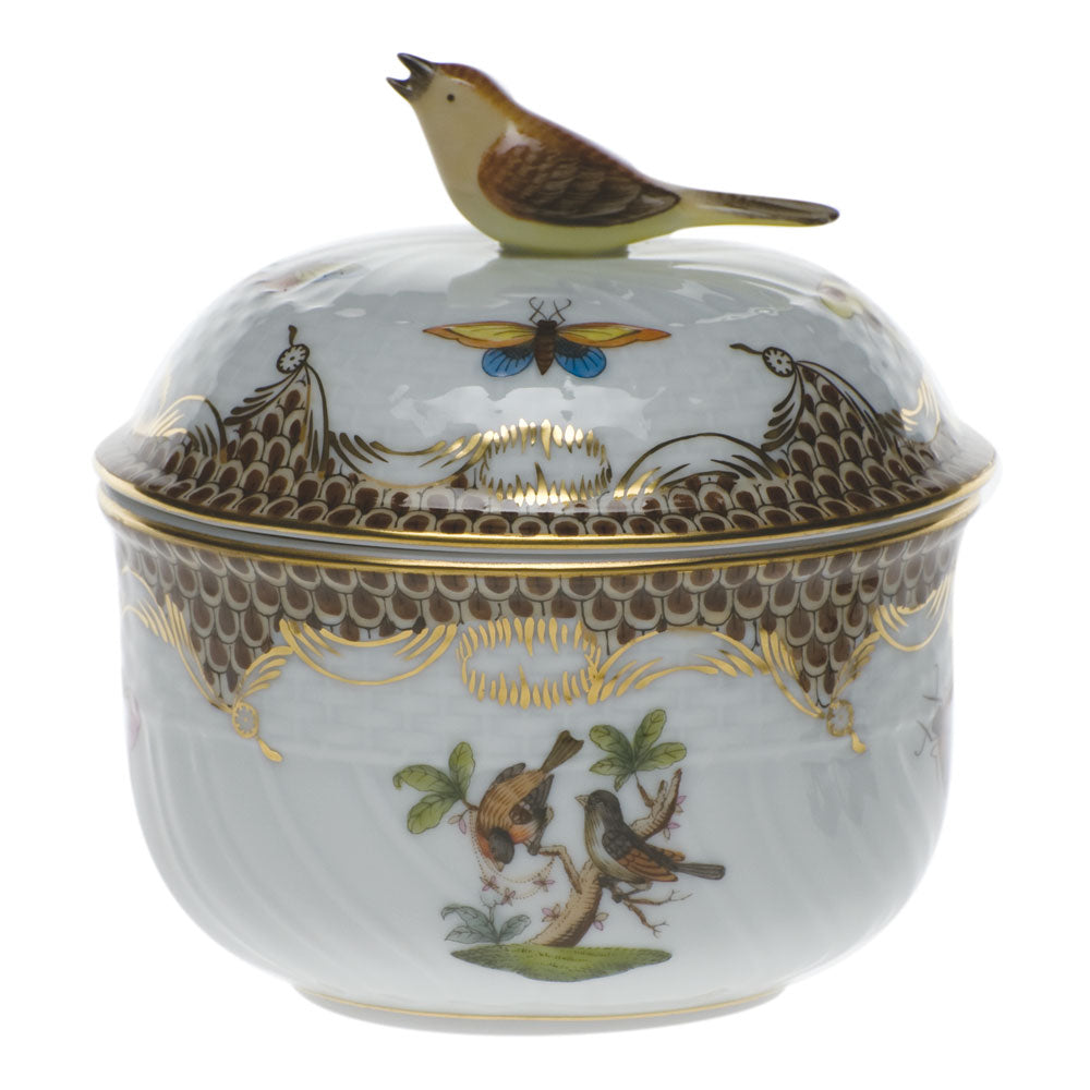 Herend Rothschild Bird Choc Border Cov Sugar W/bird (6 Oz) 4"h - Brown Border
