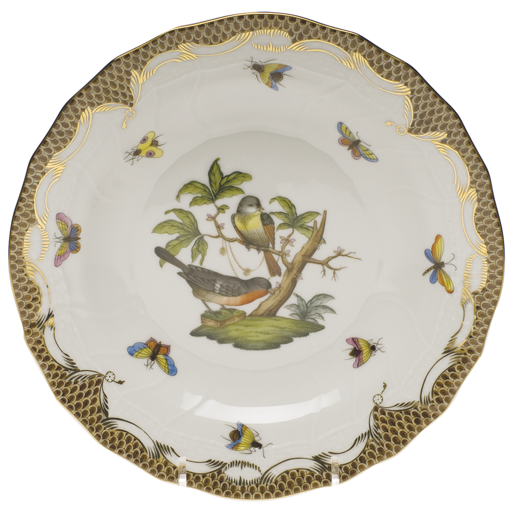Rothschild Bird Choc Border Dessert Plate - Motif 02 8.25"d - Brown Border