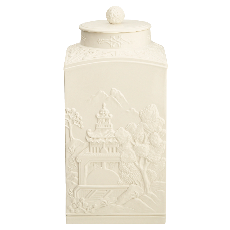 Mottahedeh Figure Square Tea Jar w Cover