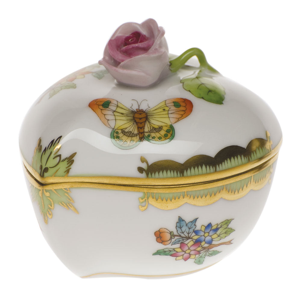 Herend Modified Vbo Heart Bonbon W/rose 3"l X 2"h - Green Border