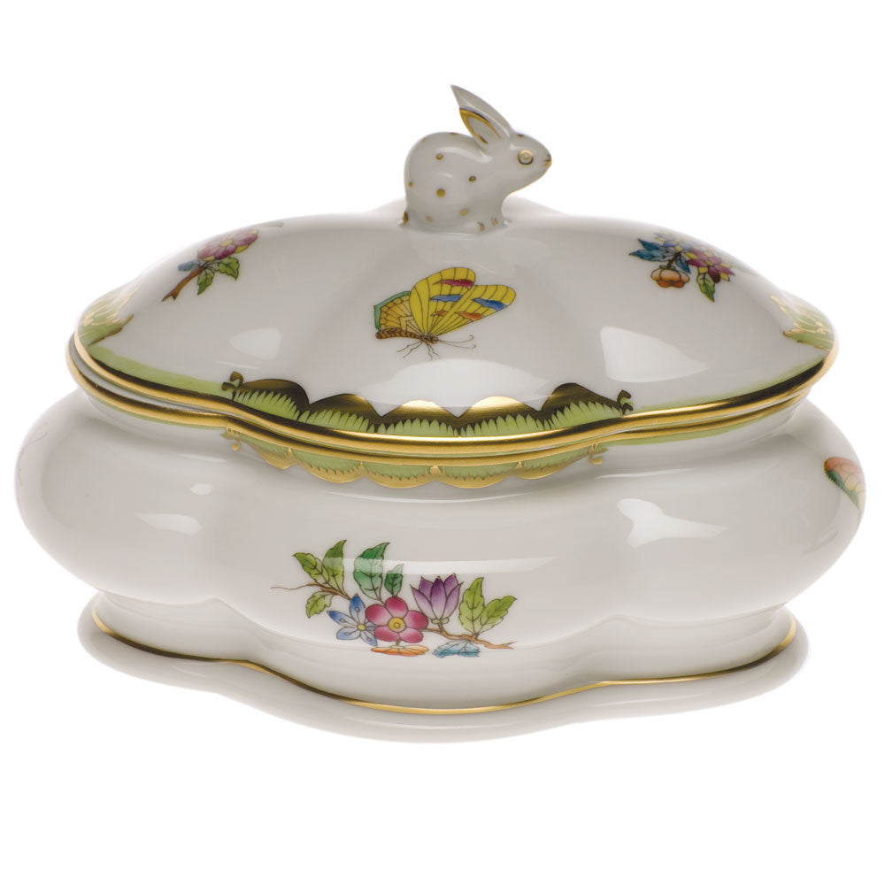 Herend Modified Vbo Cov Bonbon W/bunny 5"l X 4"h - Green Border