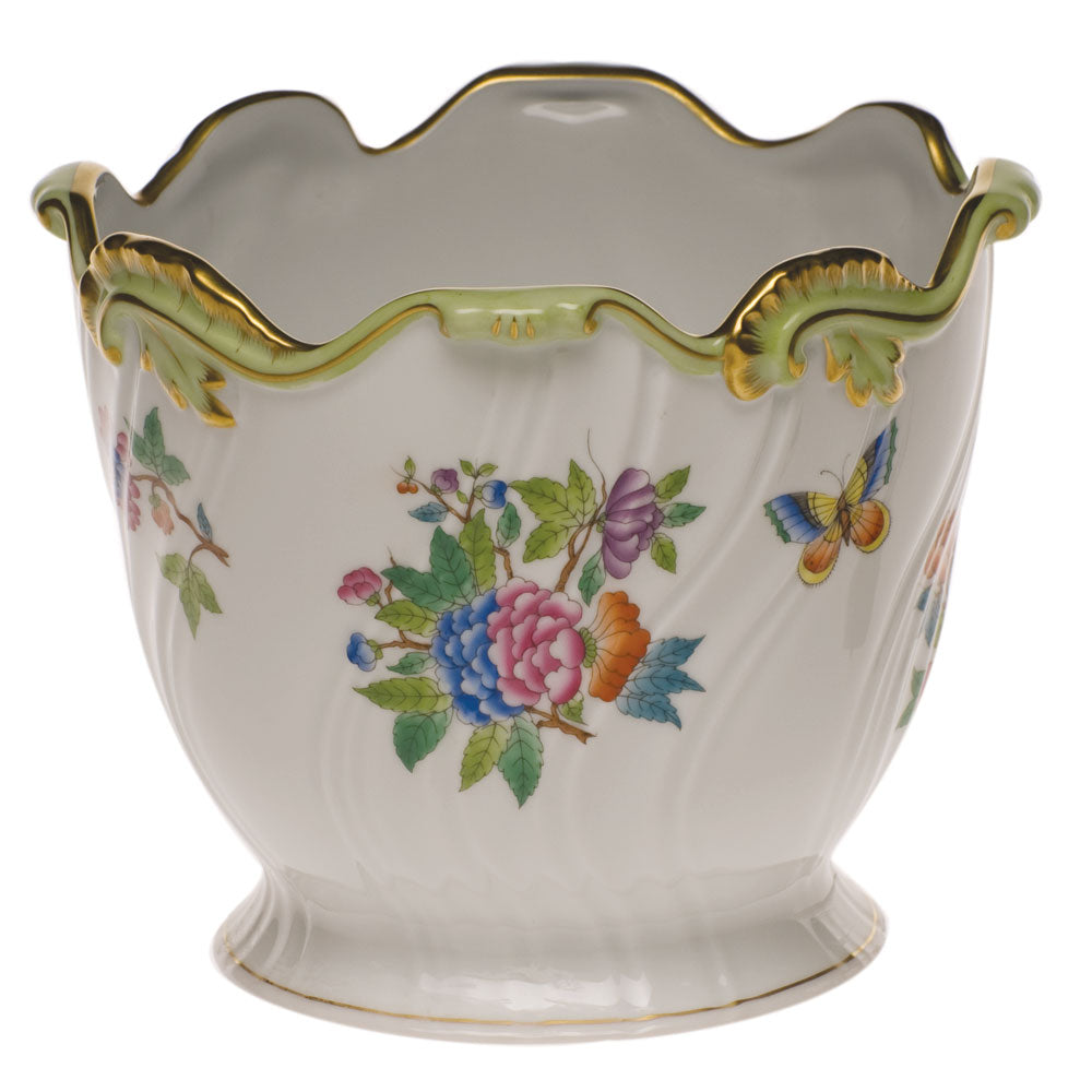 Herend Modified Vbo Ribbed Cachepot 6.25"h X 7"d - Green Border