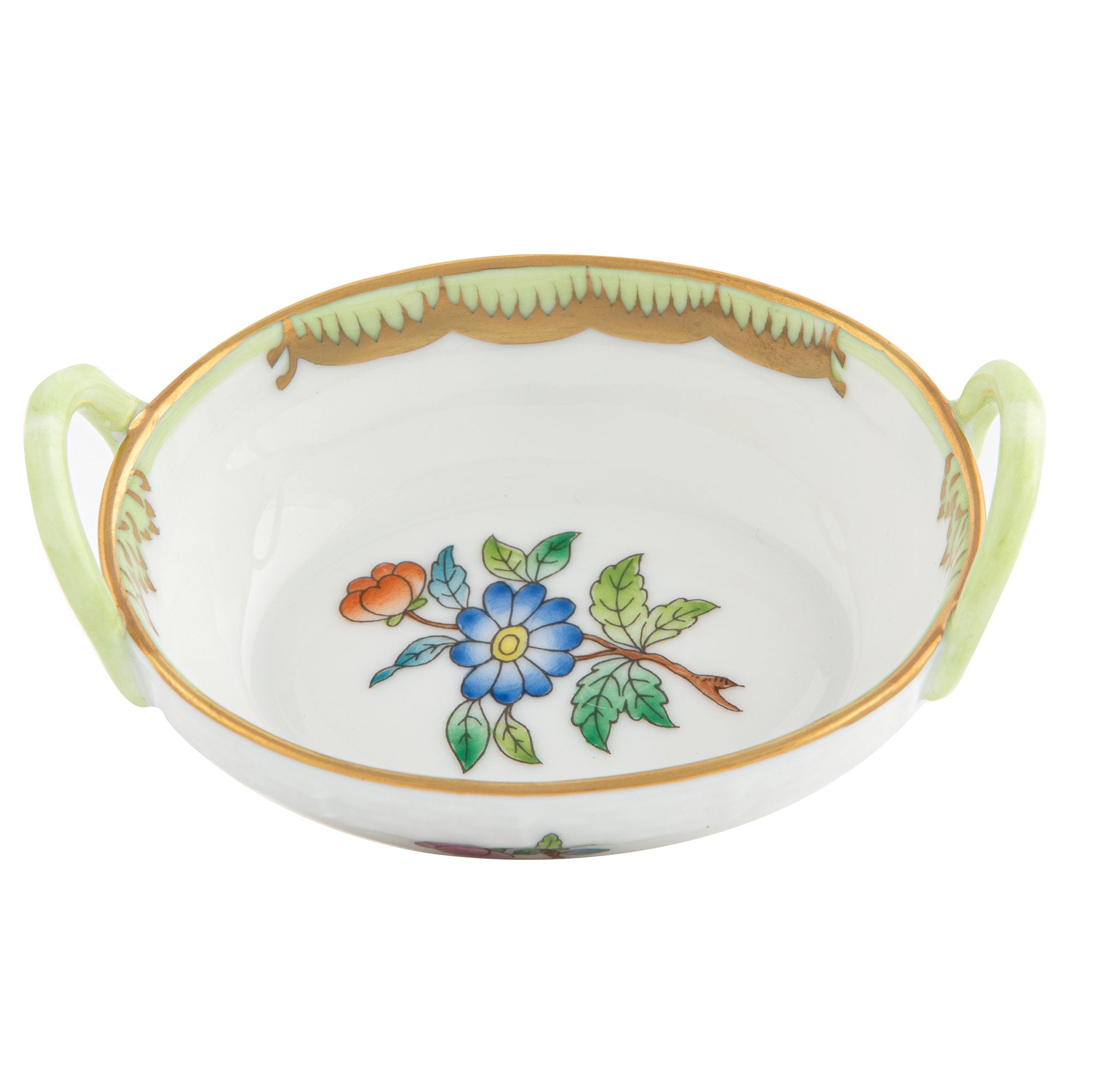 Herend Modified Vbo Small Basket W/handles 2.75"l X 2.25"w - Green Border
