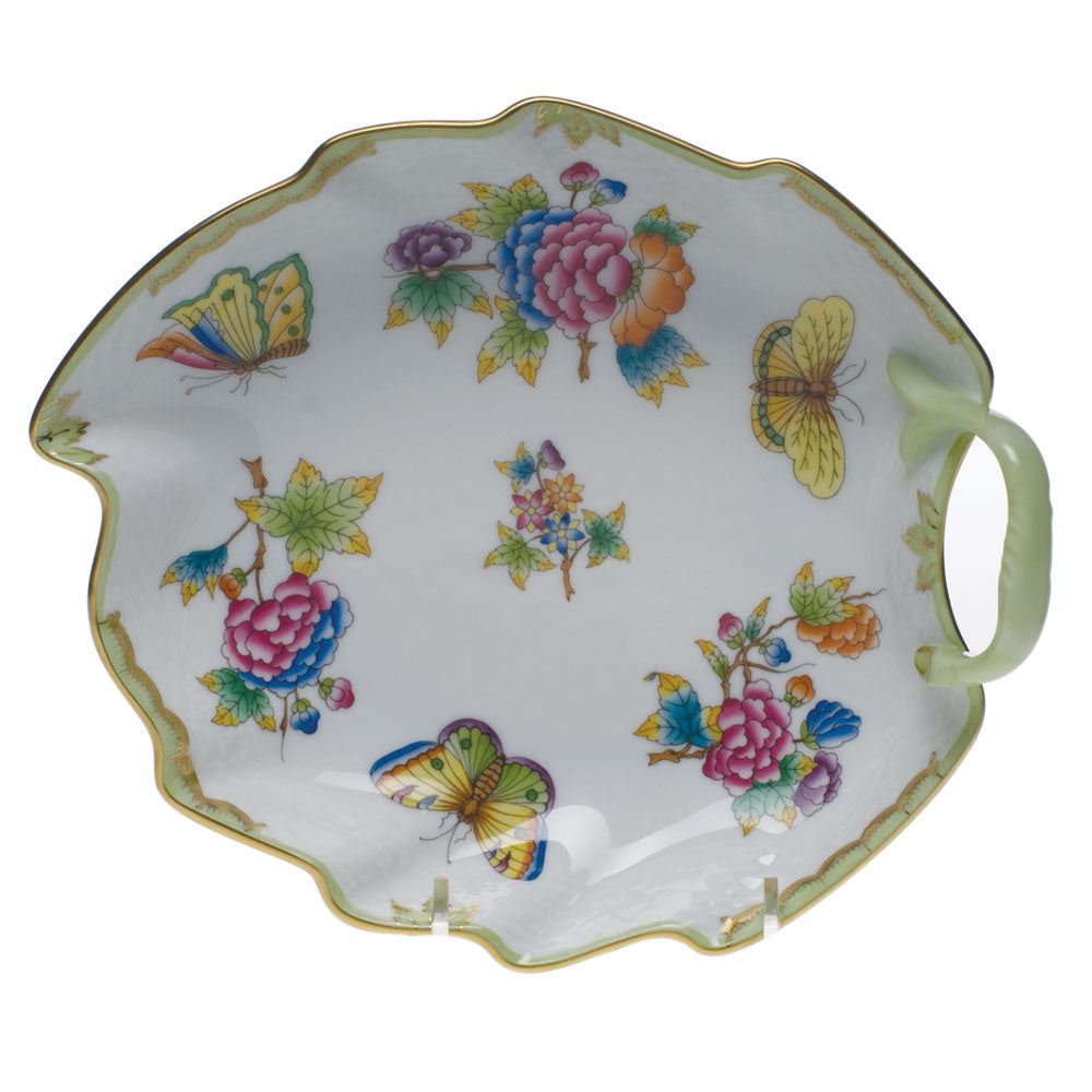 Herend Queen Victoria Leaf Dish 7.75"l - Green Border