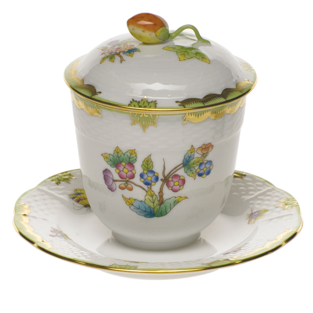 Herend Queen Victoria Jam Jar W/berry Lid 4.5"h - Green Border