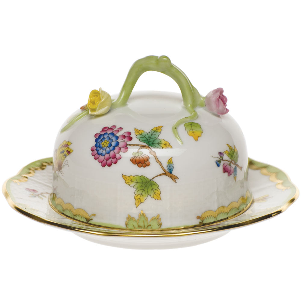 Herend Queen Victoria Cov Butter Dish 6"d 3.5"h - Green Border