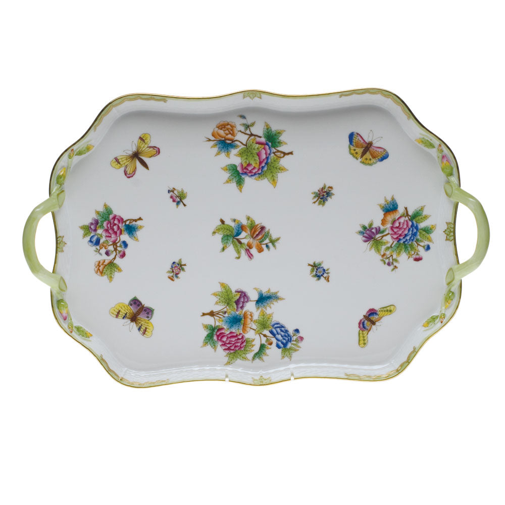 Herend Queen Victoria Rec Tray W/branch Handles 18"l - Green Border