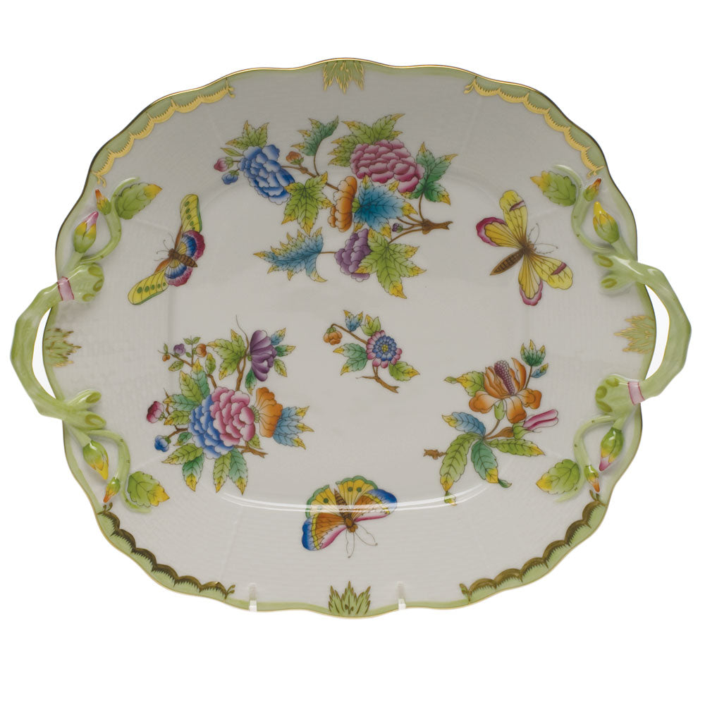 Herend Queen Victoria Square Cake Plate W/handles 9.5"sq - Green Border