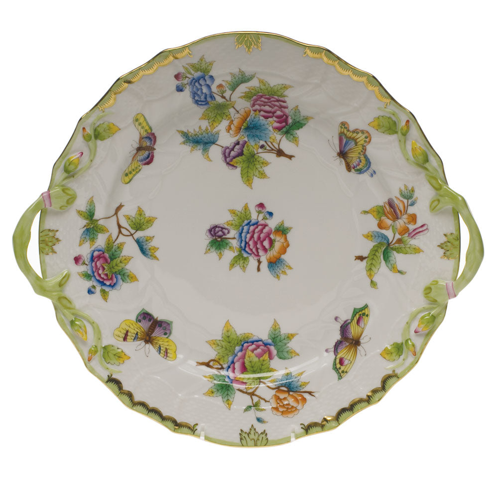 Herend Queen Victoria Chop Plate W/handles 12"d - Green Border